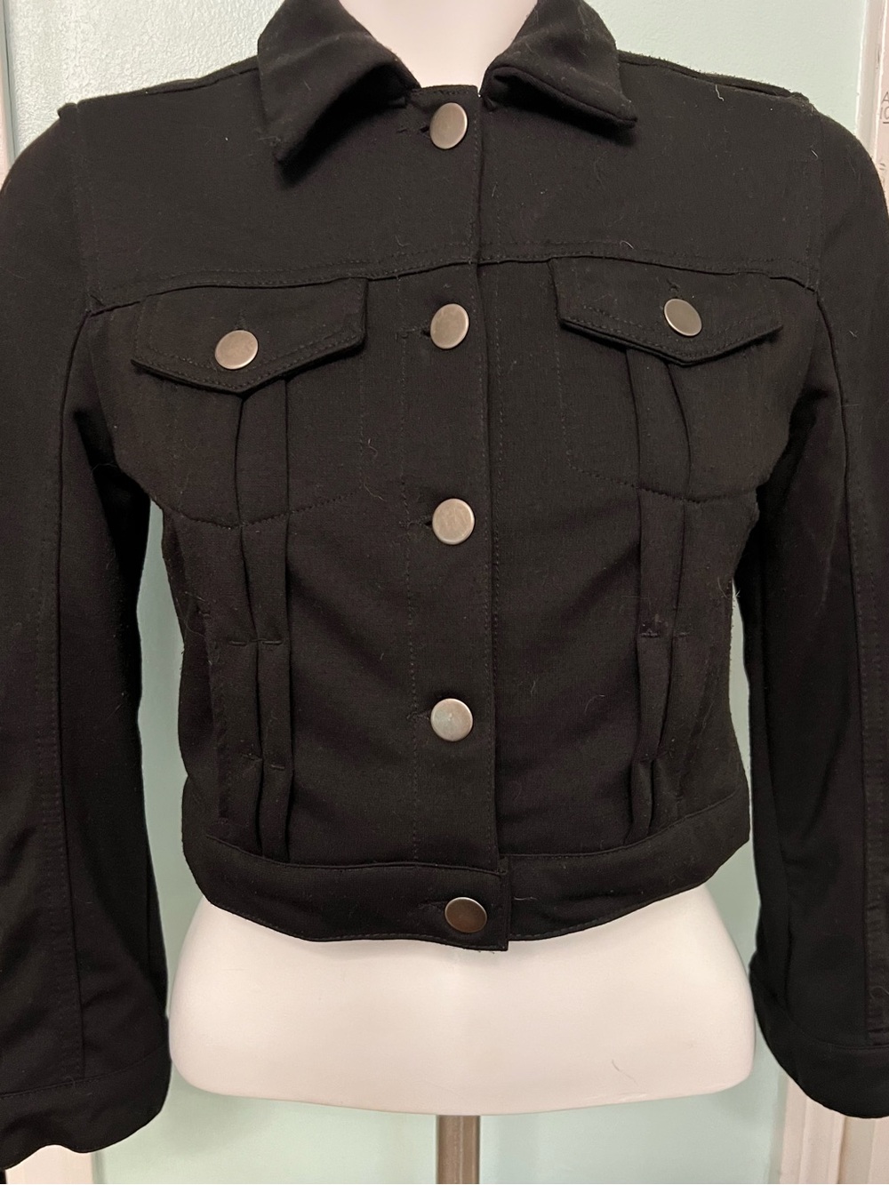Shinestar Black Cropped Snap-Front Jean Jacket